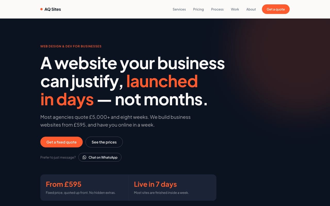 The AQ Sites homepage, headlined “A website your business can justify, launched in days — not months.”