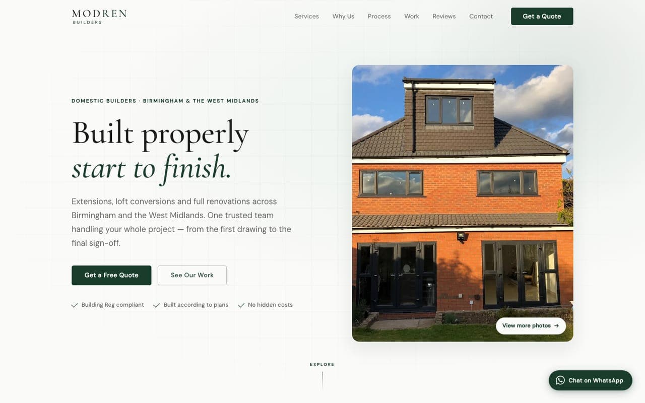 The Modren Builders homepage, headlined “Built properly start to finish” beside a photo of a completed extension